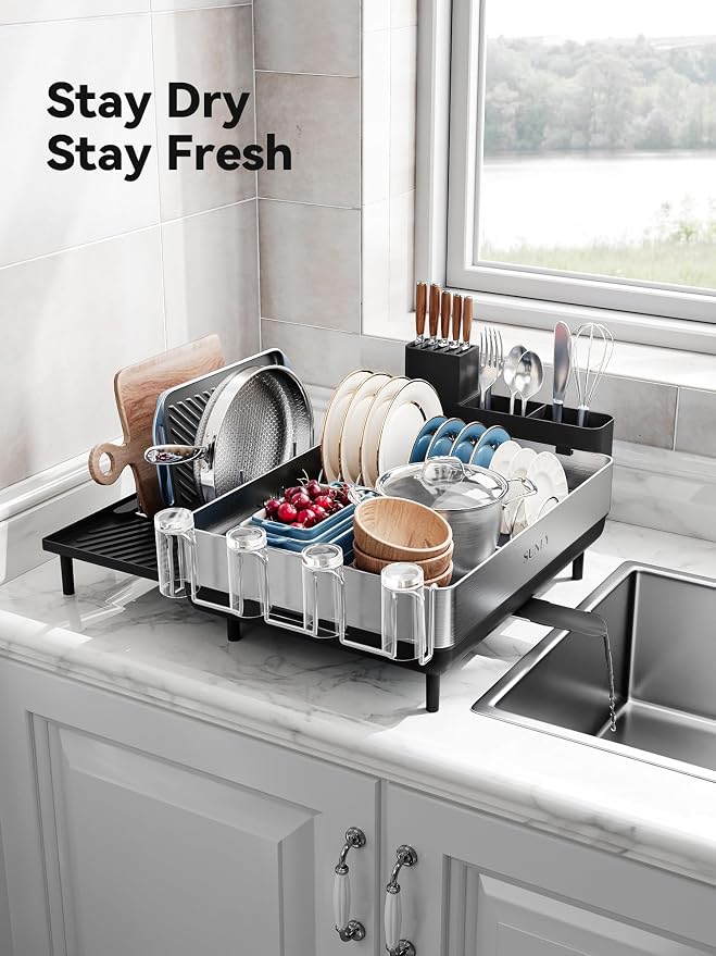 Large Dish Drying Rack, Expandable Dish Racks for Kitchen Counter, Space Saving 304 Stainless Steel Drying Rack Kitchen, Extra Large Drainer with Multifunctional Flip Up Pegs, Black - Image 8
