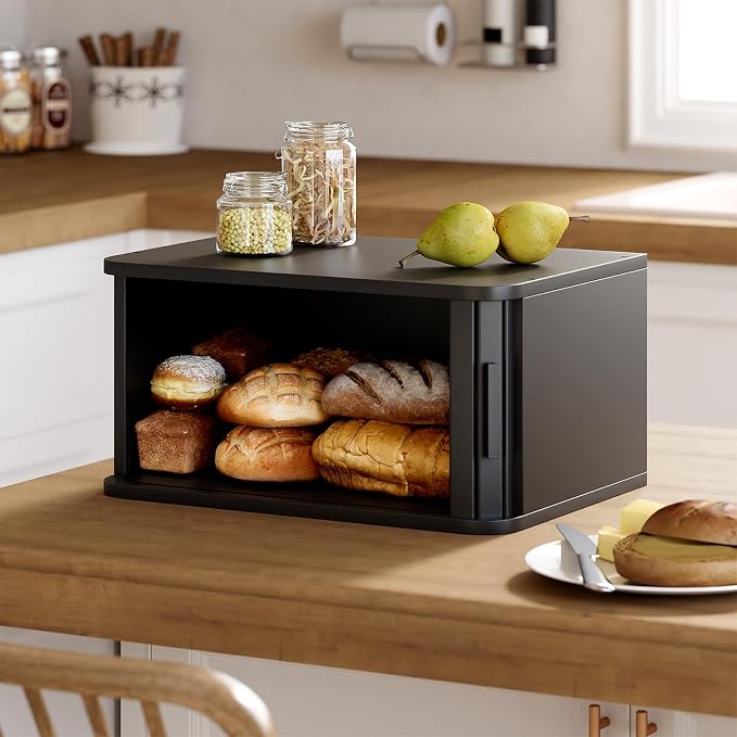 WOWLIVE Roll Top Bread Box for Kitchen Countertop, Bamboo Bread Storage | Airtight Bread Containers, Large Bread Bin with Sliding Door for Loaves, Bagels, Countertop Storage Cabinet, Black, Medium - Image 6