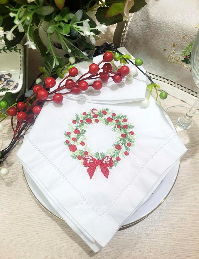 Embroidered Cotton Napkins Christmas 20x20 (Wreath Red Berries Christmas) - Image 2