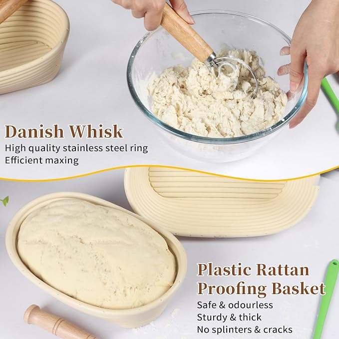 Banneton Bread Proofing Basket Set, 11 Inch Sourdough Proofing Basket and Bread Baking Supplies-Bread Lame, Danish Whisk, Bowl & Dough Scraper, Brush, (Rattan, 10in Round +10in Oval+1 Set Jar Kit) - Image 5