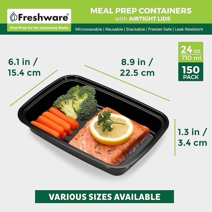Freshware Meal Prep Containers [150 Pack] 1 Compartment with Lids, Food Storage Containers, Bento Box, BPA Free, Stackable, Microwave/Dishwasher/Freezer Safe (24 oz) - Image 4
