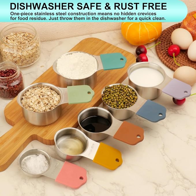 Magnetic Measuring Cups and Spoons Set of 16, 7 Stainless Steel Measuring Cups, 8 Double-Sided Measuring Spoons with 1 Leveler, Color Coded Handles, Dual Markings for Dry and Liquid Ingredients - Image 8