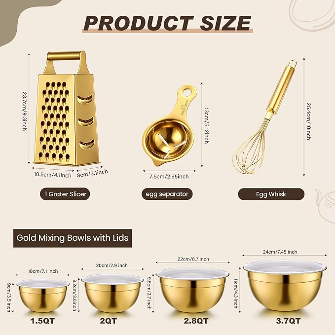 LemonRoad 8 Pcs Gold Kitchen Accessories Set Includes 1.5/2/2.8/3.6 Qt Gold Mixing Bowls with Airtight Lids, 1 Set Stainless Steel Measuring Cups, Grater Slicer with Handle, Egg Beater, Egg Separator - Image 2