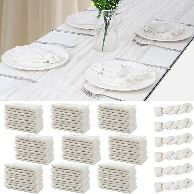 60PCS Ivory White Cheesecloth Napkins and 6PCS Table Runners Set, 19.69x19.69inch Rustic Wedding Napkins and 35x118inch Gauze Table Runner for Wedding Party Boho Table Decor by Sileasncei