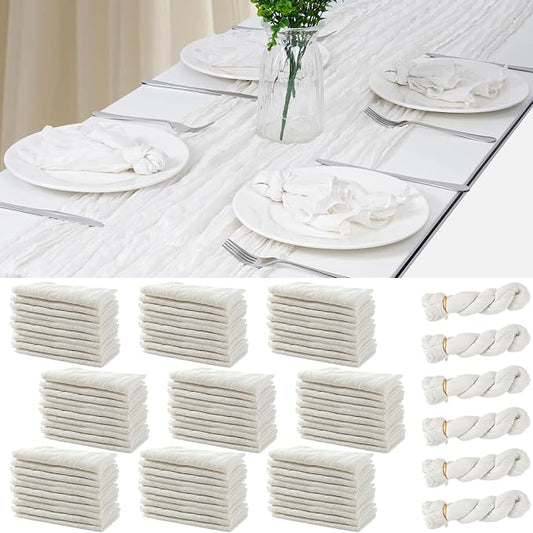 60PCS Ivory White Cheesecloth Napkins and 6PCS Table Runners Set, 19.69x19.69inch Rustic Wedding Napkins and 35x118inch Gauze Table Runner for Wedding Party Boho Table Decor by Sileasncei