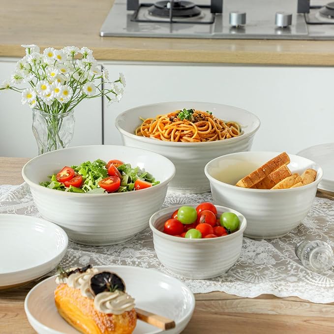 Hasense Porcelain Mixing Bowls, 2.8/2.1/1.0/0.5 Qt, Handmade Large Salad Serving Bowls for Kitchen, Deep Nesting Dishes for Cooking and Baking, Microwave Dishwasher Safe, Clay-Infused White - Image 7