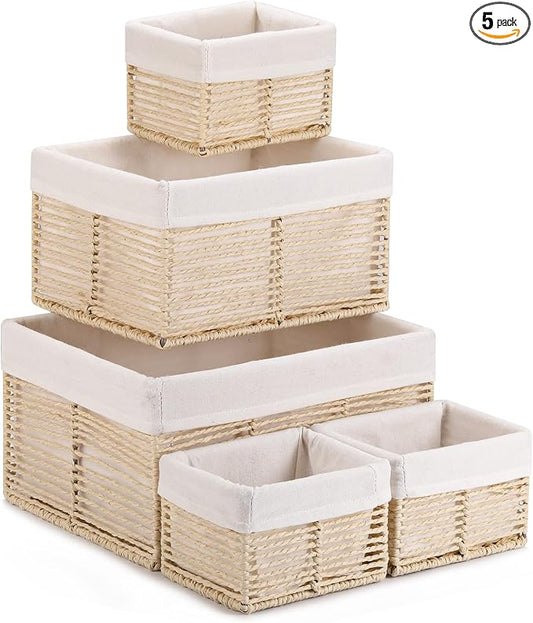 Wicker Storage Basket, Hand-Woven Paper Rope Basket, Rectangular Small Basket for Organizing, Cube Storage Bin for Closet/Clothes/Dresser, Beige, 5-Pack by Vagusicc