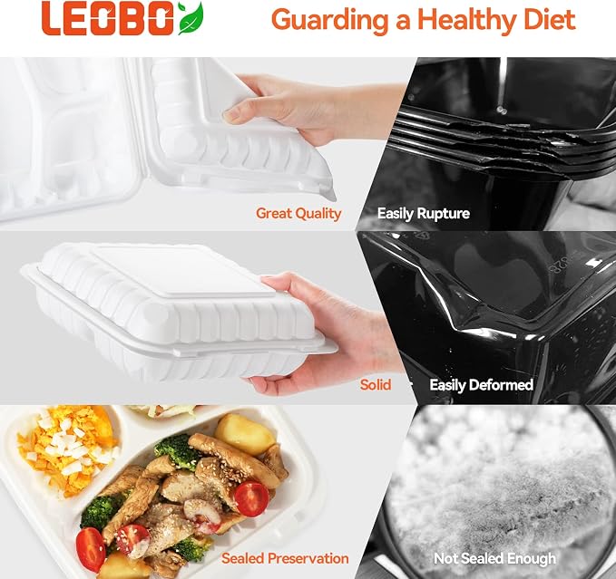 55-Pack 34oz 8 Inch Food Containers - Shrink Wrapped No Pre-Wash | 3-Compartment Reusable & Secure Snap Closure | Bpa Free Microwave Safe for Leftovers, Work Meals, Takeout & Meal Prep, White - Image 4