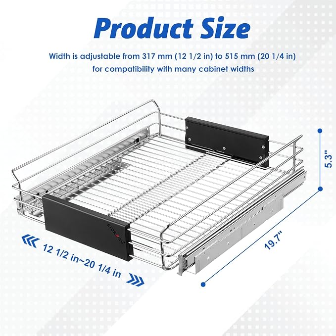 Expandable Pull Out Cabinet Organizer, Slide Out Drawers for Kitchen Cabinets, Heavy Duty Storage Drawers, Chrome Plated Cabinet Wire Shelf, Adjustable Width 12.5~20.2" W x 17.3" D - Image 2
