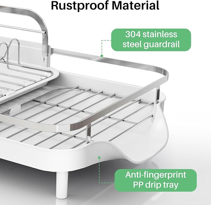 SAYZH Expandable Dish Drying Rack for Small Kitchen Counter, White | Stainless Steel, Protective Guardrail, Angled Drainboard, Fits High-Rim Sinks, Removable Utensil Holder - Image 3