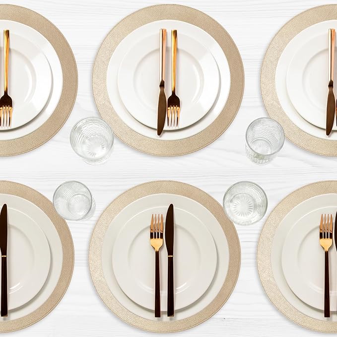 Morgan Faux Leather Set of 12 Placemats, 15" Round, Champagne, Heat Resistant, Stain Resistant, Non-Slip, Reversible, Durable Table Mats for Kitchen, Dining Table, Indoor Washable Use - Image 6