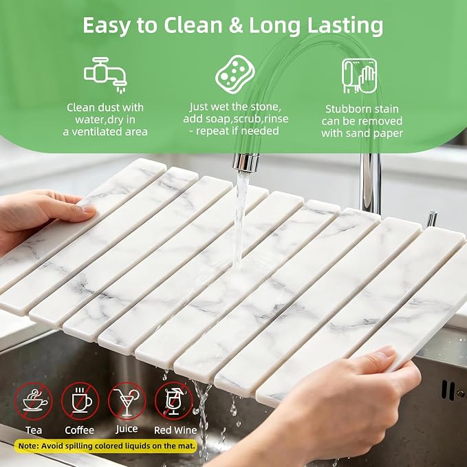 Large Stone Dish Drying Mat for Kitchen Counter, 24"×16" Foldable Quick Drying Mat, Absorbent Diatomaceous Earth Drying Mat for Bottles Cups Dishes, Match Any Countertop (White Marble, 24" x 16") - Image 4