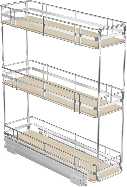ROOMTEC 3-Tier Pull Out Cabinet Organizer Spice Rack for Narrow Cabinet 7" W x 20½" D, Slide Out Wood Shelves Storage for Kitchen by ROOMTEC