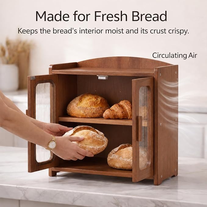 Solid Wood Bread Box, Kitchen Countertop Storage Cabinet | 2-Tier Large Capacity, Help Keep Sourdough Bread Fresh, Countertop Storage Organizer for Kitchen & Pantry, Walnut Brown - Image 6