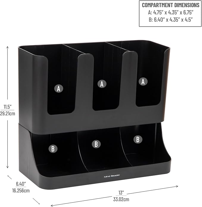 Mind Reader Condiment Station, 13 Inch Countertop Coffee Bar Organizer with 6 Compartments, Storage Caddy for Cups, Lids and Packets, Plastic, Black - Image 3