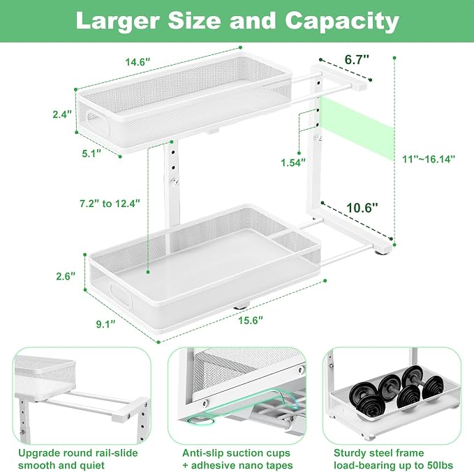 Under Sink Organizer 2 Pack, High Adjustable 2 Tier Under Sink Organizers and Storage, Slide out Metal Cabinet Organizers, Pull out Storage Drawer Shelf for Kitchen Bathroom Cabinet (White) - Image 4