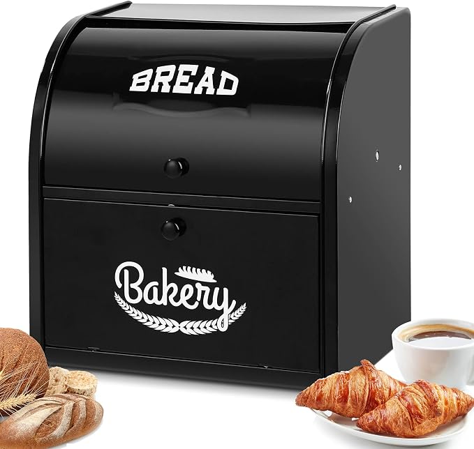 Stainless Steel Bread Box, 2 Layer Roll Top Bread Boxes, Large Capacity Food Storage Container for Kitchen Counter, Metal Bread Bin, Bread Holder for Countertop 12.6" x 9.7" x 12.8" (Black) - Image 8