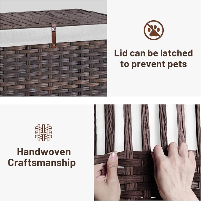 180L Wicker Storage Basket with Lid, Handwoven Rattan Large Shelf Basket with Removable Liner, 47.6 Gallon Wicker Basket for Blanket, Storage Trunk with Handle for Closet, Bedroom, Livingroom, Brown - Image 5