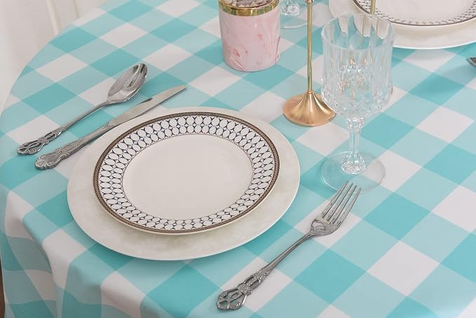 Cupuamon 2 Pack Waterproof Polyester Fabic Round Checkered Tablecloth，60 Outdoor Table Cloth，Oil Stain Prevention Table Cloth for Pinics and Parties（Aqua and White） - Image 4