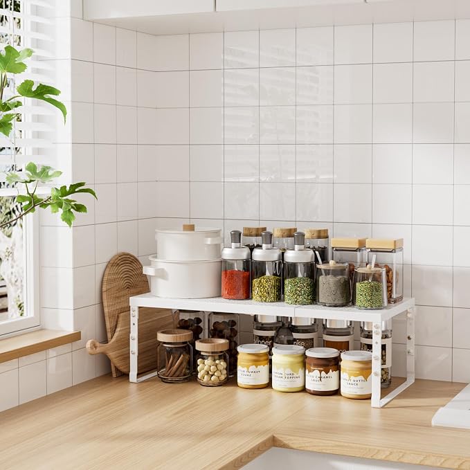 Expandable Adjustable Stackable Multi-Purpose Spice Racks,Metal Storage Rack, Practical Kitchen Pantry Shelves, Countertop for Kitchen, Bathroom, Storage Room & Other Places(1Pack/White,Medium) - Image 2