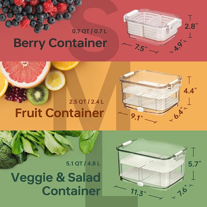 Felli Duo Fresh Produce Saver for Fridge, Fruit Vegetable Container with Vent & Drainage in Bottom for Wash, Colander Strainer Storage Bin for Refrigerator, Berry Lettuce Keeper - Image 6
