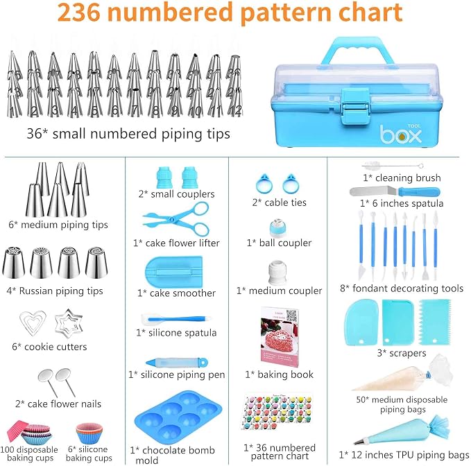 Cake Decorating Tools Supplies Kit: 236pcs Baking Accessories with Storage Case - Piping Bags and Icing Tips Set - Cupcake Cookie Frosting Fondant Bakery Set for Adults Beginners or Professional, Blue - Image 2
