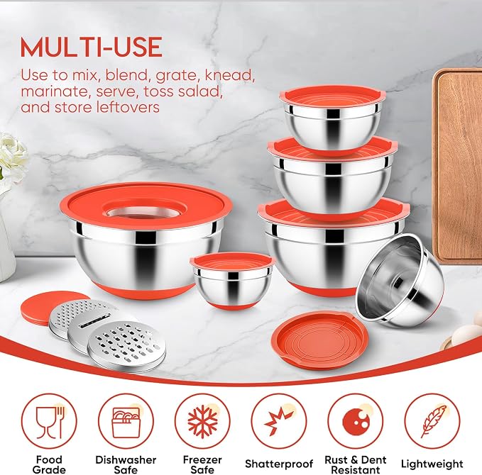 E-far Mixing Bowls with Lid Set, 25PCS Stainless Steel Nesting Prep Bowls with Grater Attachments Utensils Non-Slip Bottoms for Cooking, Baking, Serving, Food Storage, 4.6/2.6/2/1.5/1/0.7QT - Red - Image 7