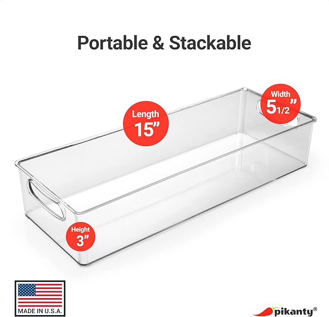 Pikanty Clear Refrigerator Organizer Bin with Handles — 15 Inch Stackable Fridge and Pantry Storage Container for Snacks, Produce, Cans, Yogurt, Condiments, Dishwasher and Freezer Safe, Made in USA - Image 2
