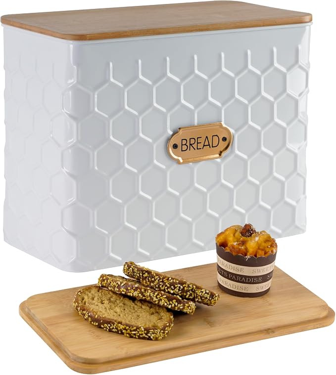 Extra Large Honeycomb Embossed Bread Box with Bamboo Lid | Corner Breadbox for Homemade Bread, White Metal Bread Storage Container Bin for Kitchen Countertop, Fits 2 Loaves of Bread by Unknown
