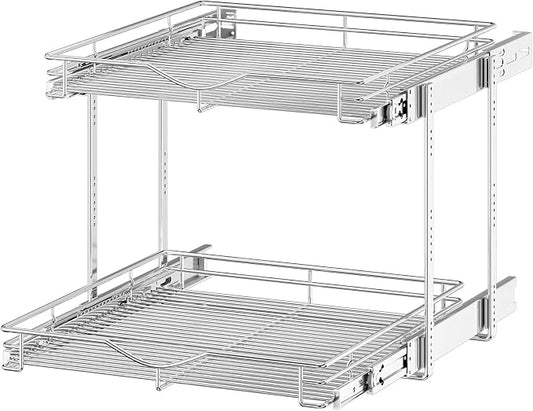 OCG 2 Tier Pull Out Cabinet Organizer (22.5" W x 21.5" D), Pull Out Drawers for Kitchen Cabinets, Pull Out Shelves for Base Cabinet Organization in Kitchen Bathroom Pantry, Chrome Finish by OCG