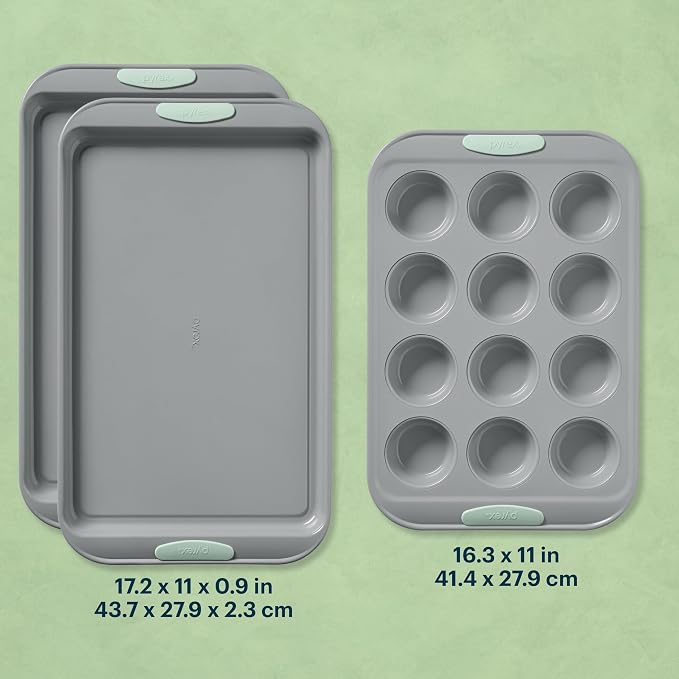 Pyrex 3-Piece Metal Cookie & Muffin Sheet Bakeware Set, Sage | Lightweight stainless steel baking trays with heatsafe silicone handles, made without PFAS, mercury, lead, cadmium & BPA - Image 2