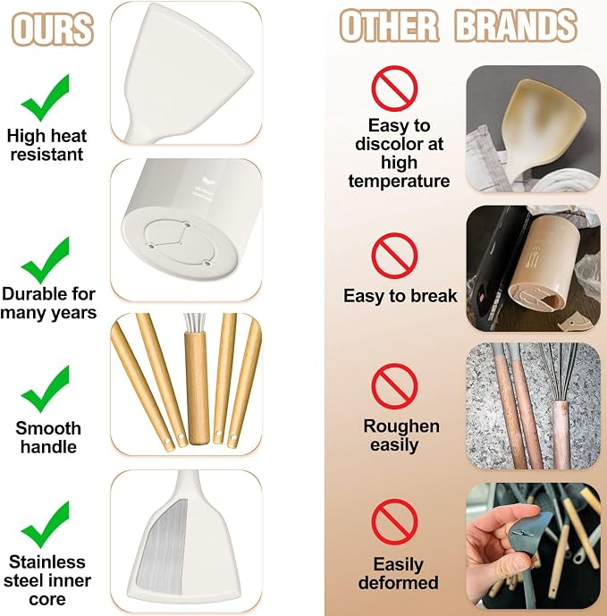 Umite Chef Silicone Kitchen Utensil Set, 34PCS Heat Resistant Kitchen Gadgets and Tools With Grater, Cream White Wood Handles for Nonstick Cookware - Image 6