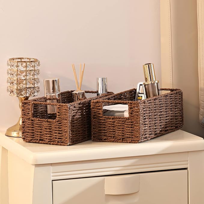 Wicker Baskets for Storage, Set of 5 Hand-Woven Wicker Storage Baskets for Shelves, Cube Storage Baskets Bins with Handles, Wicker Basket for Organizing Pantry Bedroom, Brown - Image 8