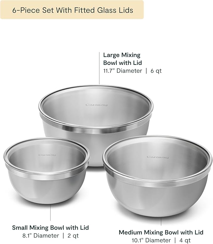 Caraway 6-Piece Stainless Steel Mixing Bowl Set with Glass Lids | 6 qt, 4 qt, 2 qt Kitchen Bowls with Tempered Glass Lids, Non-Toxic, PFAS-Free, Gray - Image 2