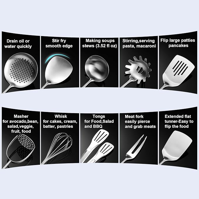 Kitchen Utensils Set Stainless Steel with Wooden Handle,Metal Cooking Utensils Set 12 PCS,Spatulas,Ladle,Skimmer,Tunners,Spaghetti Spoon,Fork,Potato Masher,Egg Whisk,Tongs - Image 6