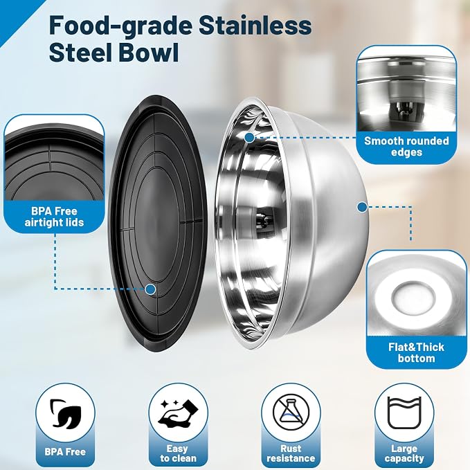 Stainless Steel Mixing Bowls with Lid and Colander Set | Size 6.3, 4.3, 3.6, 2.9QT,9Pcs Multipurpose Kitchen Metal Bowls with Grater,Colander,Egg Whisk,Separator for Baking Serving - Image 6