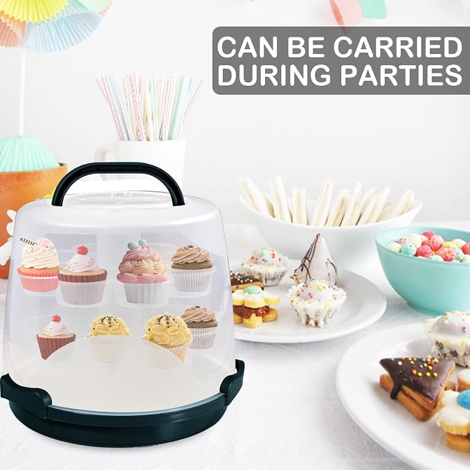 Cake Carrier Round Cake Stand Plus Height Cake Container with Cupcakes Pad, Handle, Lid Reusable Package Box for Transporting Desserts,Pie,Toast,Fruit (10" Black) - Image 4
