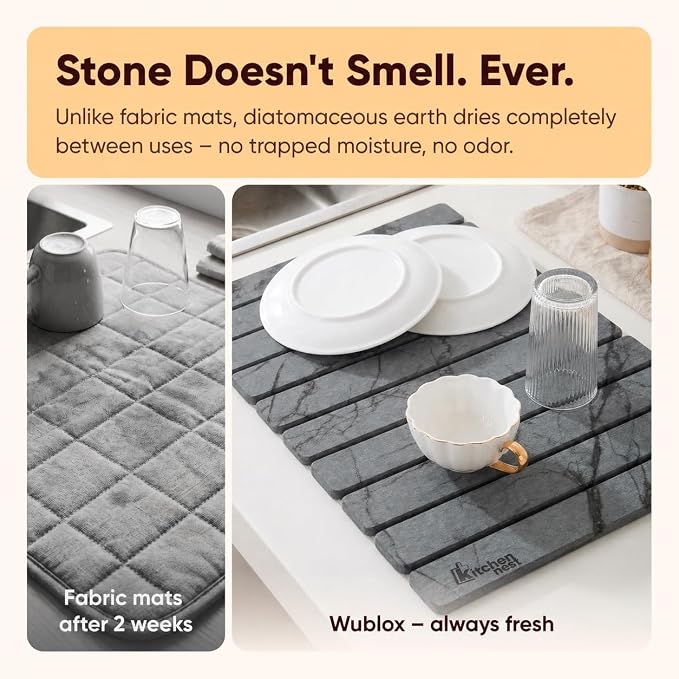 Stone Drying Mat for Kitchen Counter 24"x15" - Large Diatomite Dish Drying Mat, Kitchen Drying Stone, Super Absorbent Quick Dry, Foldable Heat Resistant, Dark Grey Marble - Image 2