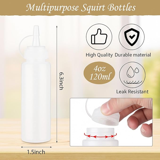 Xinnun 24 Pcs Plastic Condiment Squeeze Bottles Squeeze Leak Proof Multipurpose Squirt Bottles with Twist Top Cap for Sauces Ketchup BBQ Syrup Dressings Paint Grilling Crafts Olive Oil Arts (4 oz) - Image 2