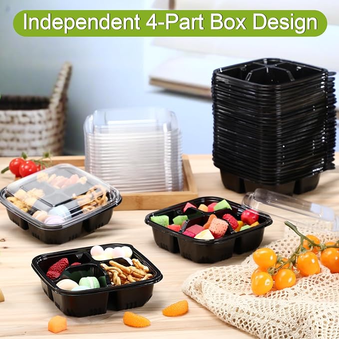 60 Pack 4-compartment Bento Snack Boxes with Lids Divided Lunch Containers for Travel School Camping Outdoor Home (Black) - Image 5