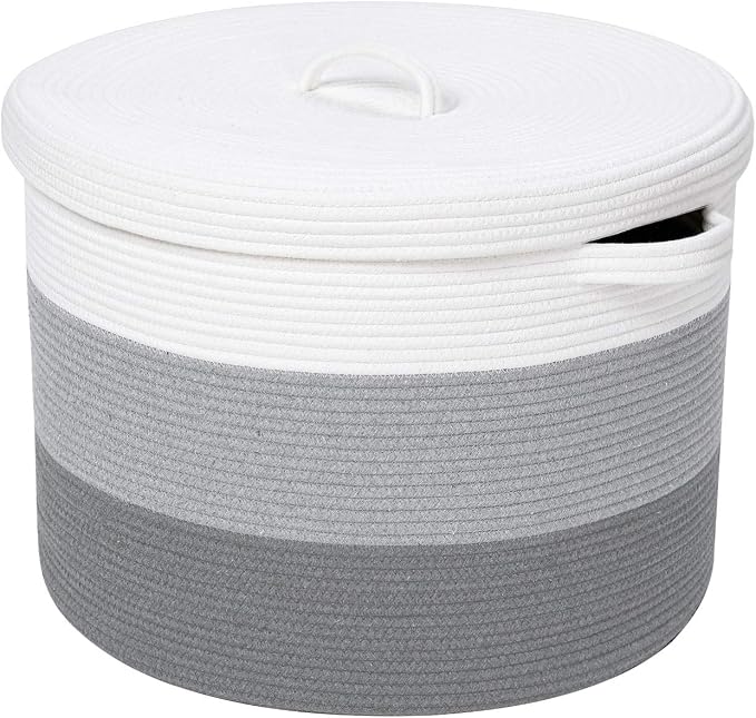 20x15 Inch Extra Large Round Cotton Rope Storage Basket with Lid, Decorative Woven Bin with Cover for Living Room Bedroom Closet, Light Grey & Grey - Image 3