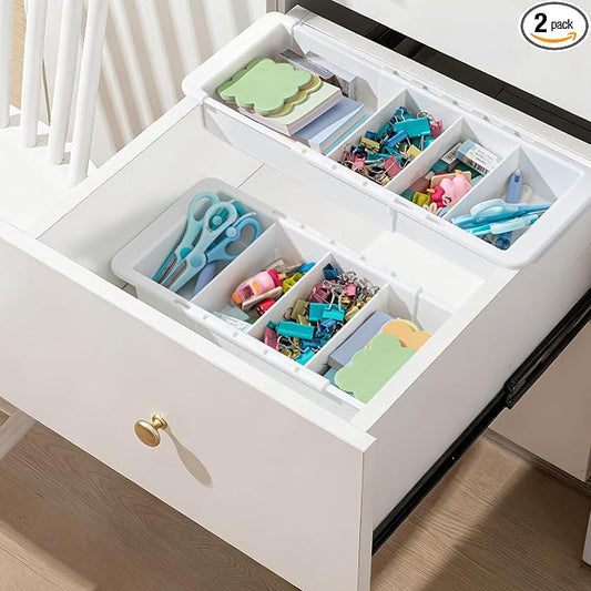 2 Pcs Expandable Drawer Organizer Bins Adjustable Deep Drawer Hanging Organizer Tray Expandable 11.4 to 18.1 Inches Plastic Dividers Storage for Office Bathroom Bedroom Kitchen Desk, White by Unknown