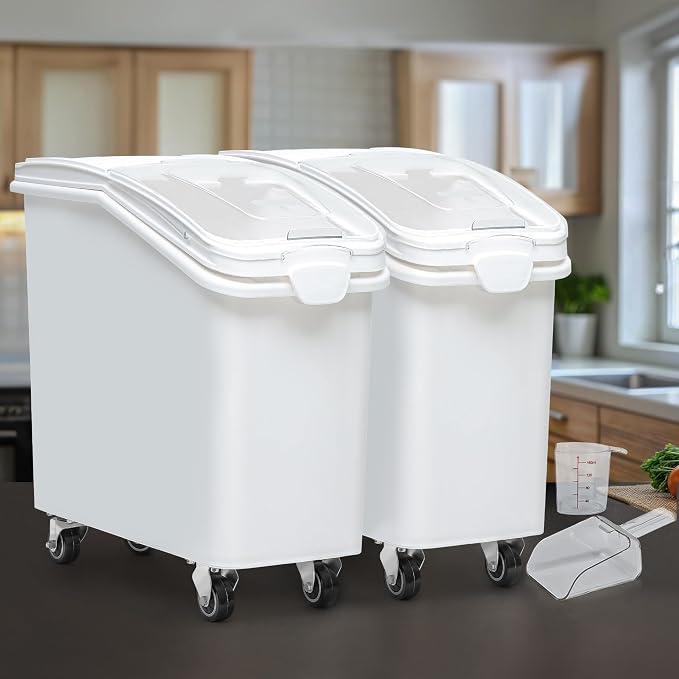 YITAHOME 27-Gallon Food Storage Container,Bulk Flour Bin, Large Ingredient Storage Bin with Wheels, Measuring Cup & Scoop, for Kitchen/Dining Room, Commercial Rice Container,2 count,White - Image 2