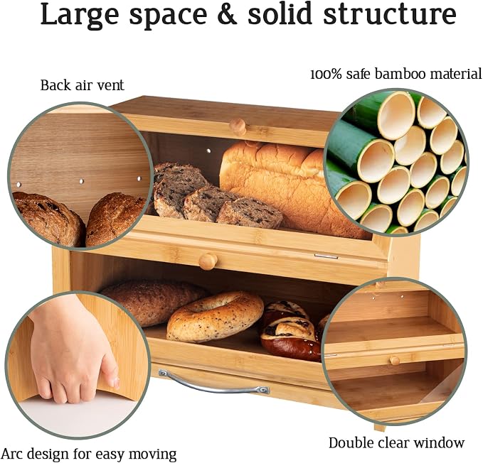 MAISONPEX Double Layer Bamboo Bread Box for Kitchen Countertop, Cutting Board, and Stainless Steel Bread Knife, Large Capacity Storage Container with Clear Windows (Self-Assembly) - Image 2