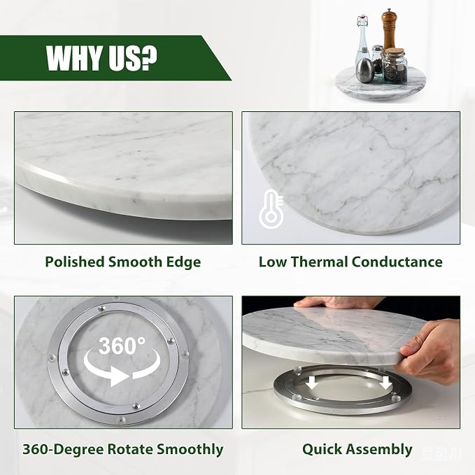 12" Marble Lazy Susan Turntable - 100% Natural Stone Round Serving Tray with Silent Spinning, Revolving Cake Stand & Cheese Board for Kitchen Countertop, Cupcake Table Display, Food, Seasoning (White) - Image 5