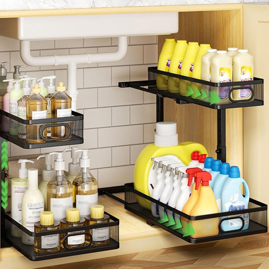 Under Sink Organizer 2-Pack, Metal 2-Tier Pull-Out Cabinet Shelf with Slide-Out Mesh Drawers, Height Adjustable, Space-Saving Under Sink Storage Racks for Kitchen, Bathroom, Laundry Room by AURIKAR