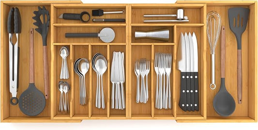 Suli Extra Large Silverware Drawer Organizer,Expandable 22in to 37in,Bamboo | 2.6in Deep,13 Slot,Removable Design,Expandable Utensil Tray for Kitchen Drawer,Big Adjustable Cooking Cutlery Flatware Holder by Suli