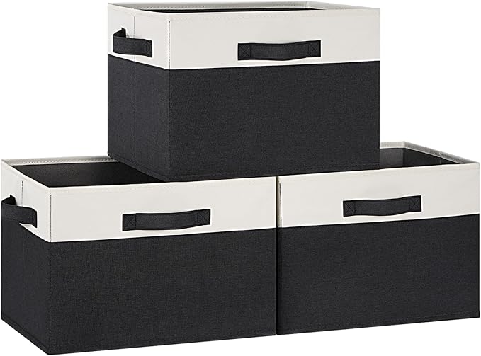 GhvyenntteS Large Storage Baskets for Shelves 3 Pack, Collapsible Fabric Storage Bins with 3 Handles, Decorative Closet Organizers and Storage bins for Clothes Blanket Beddings (Black, 15"x11"x9.6") by GhvyenntteS