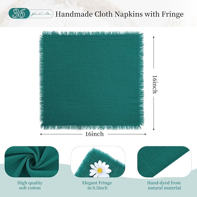36 Pack Teal Cotton Linen Napkins 16 x 16 Inch Teal Napkins Cloth Handmade with Fringe Soft Cloth Napkin Washable Rustic Dinner Napkin for Wedding Party Dinner Table - Image 2