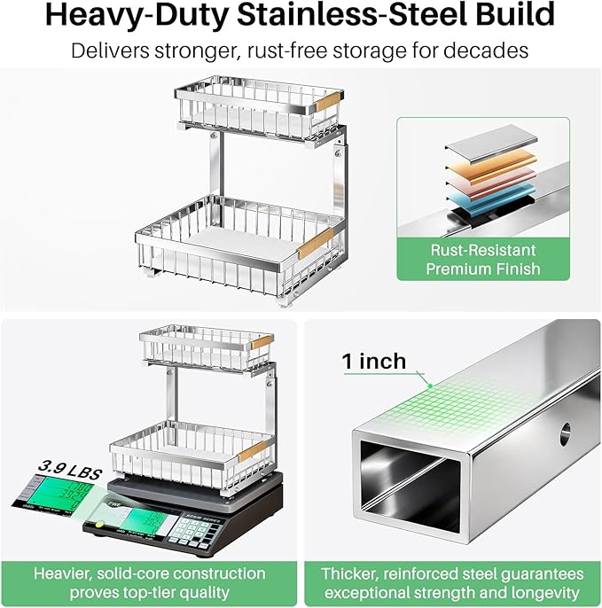Kitstorack Under Sink Organizer, 2 Tier Under the Sink Storage, Slide out Pull out Cabinet Organizer Shelf, Metal Sliding Drawer for Kitchen Bathroom Pantry Closet Organization Rack, Silver, 1 Pack - Image 2